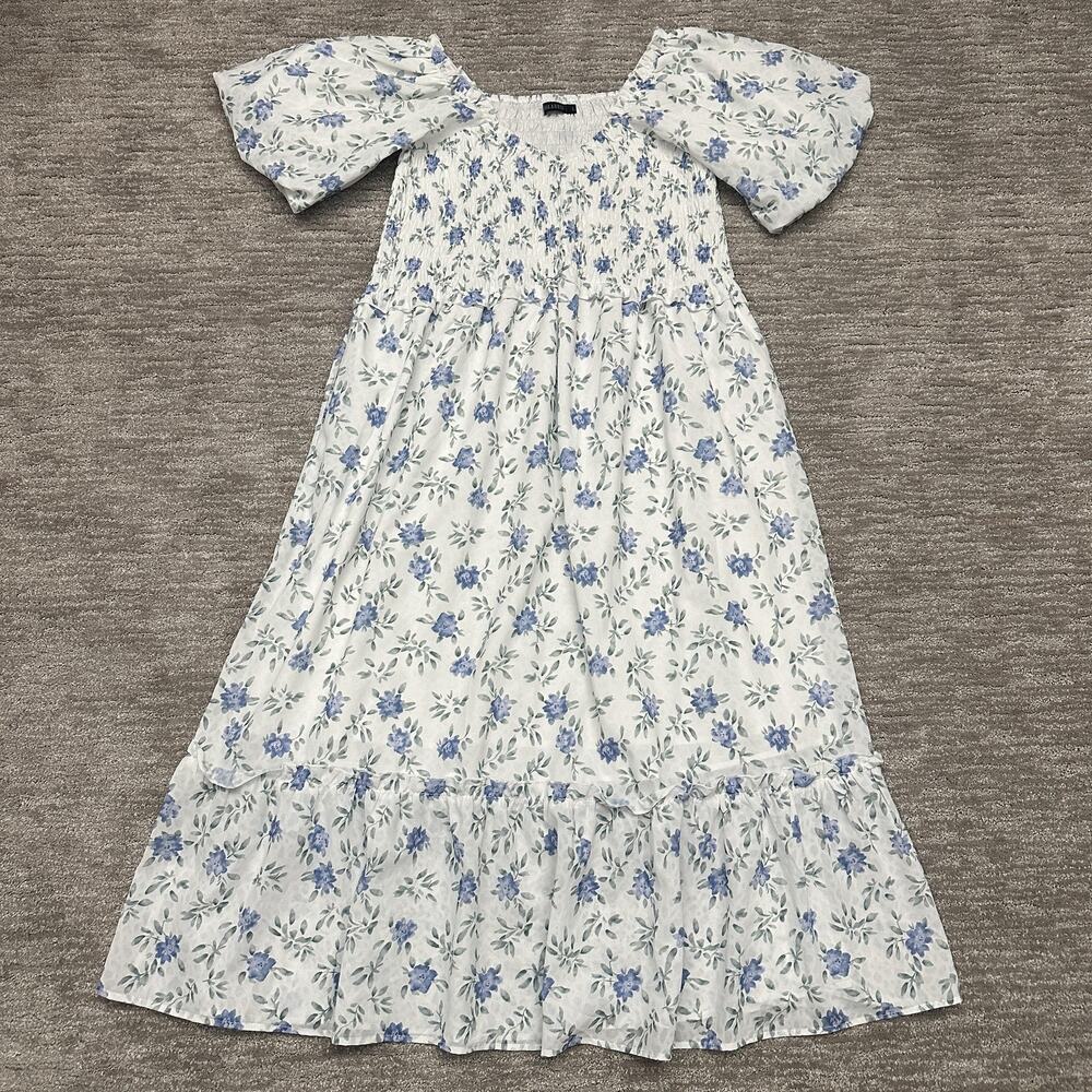Mikarose Dress Womens Large White Blue Floral Smocked Maxi Puff Sleeve Boho